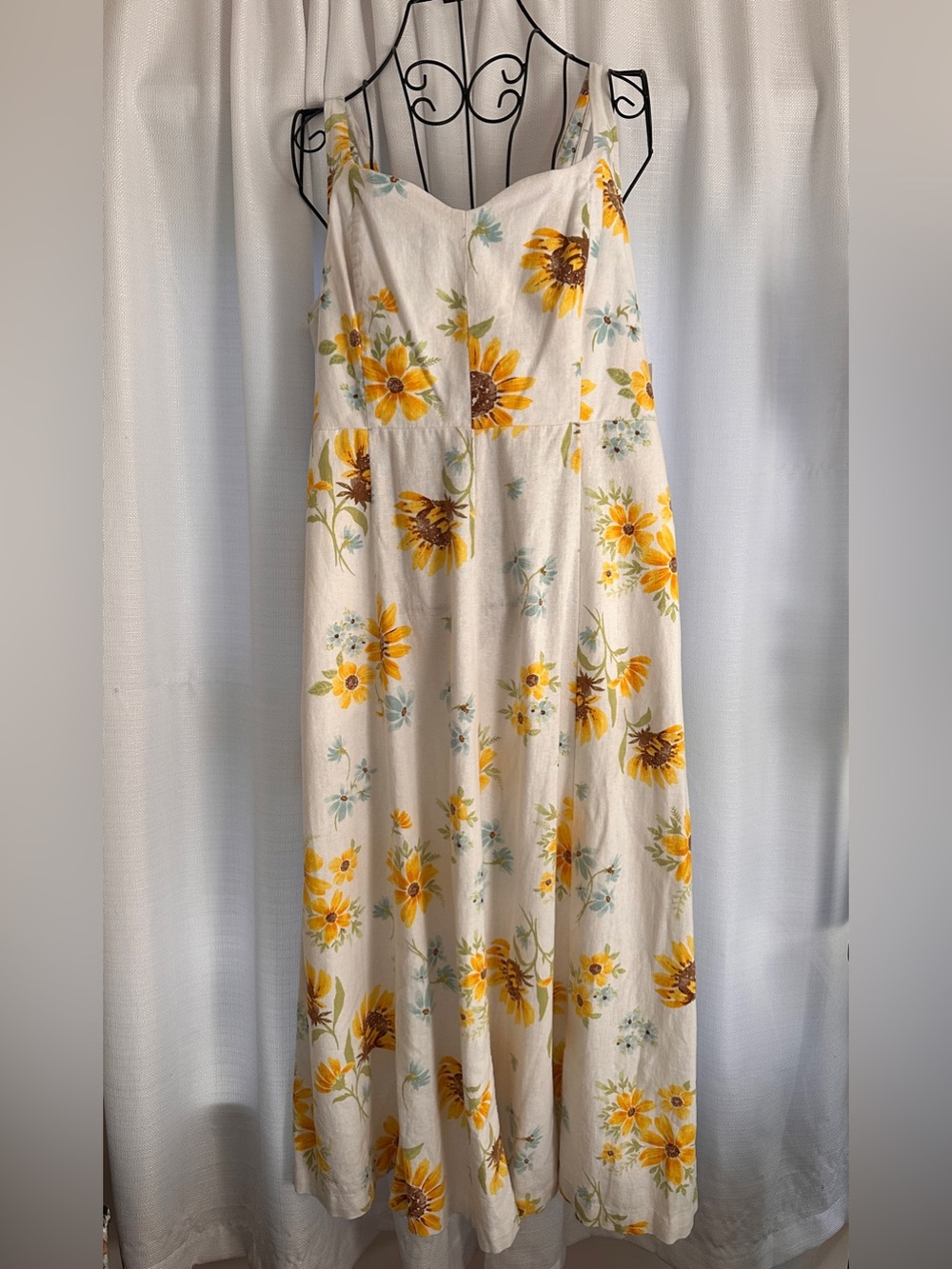 Old Navy Cream Summer Dress with Sunflower Floral Design Linen Blend Cottagecore - Picture 3 of 10